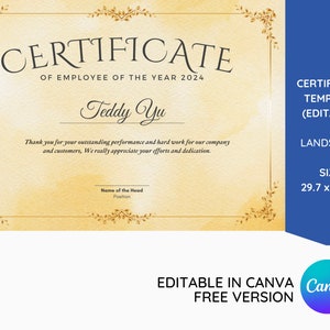 Golden Editable Certificate Template, Employee of the Year, Employee Award Template, Custom Certificate, Personalise Achievement,Lashes Gold