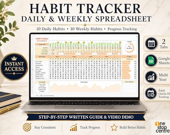 Google Sheets Habit Tracker Template | Daily Weekly Habits Tracker Spreadsheet | Routine Planner | Self Improvement Tracker | Goal Log