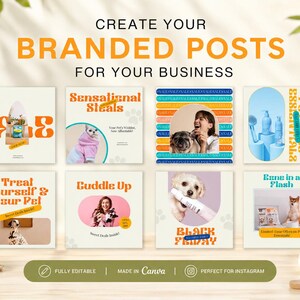 Branded pet care social media post templates for businesses with colorful Canva designs for promotions, sales and pet products.