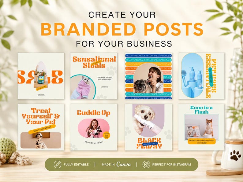 Branded pet care social media post templates for businesses with colorful Canva designs for promotions, sales and pet products.