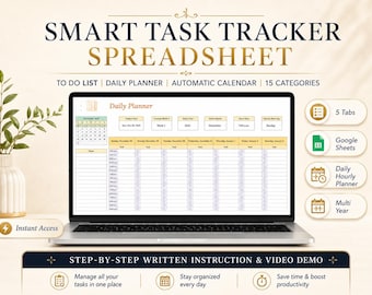 Task Tracker Google Sheets | Daily Weekly Planner Spreadsheet | To Do List Template | Productivity Planner | Hourly Schedule