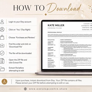 How to download the Kate Miller resume template from Etsy, open the ZIP file, extract the files and edit the template in Microsoft Word.
