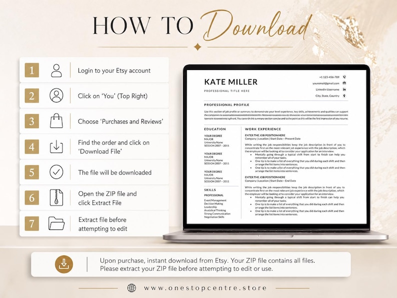 How to download the Kate Miller resume template from Etsy, open the ZIP file, extract the files and edit the template in Microsoft Word.