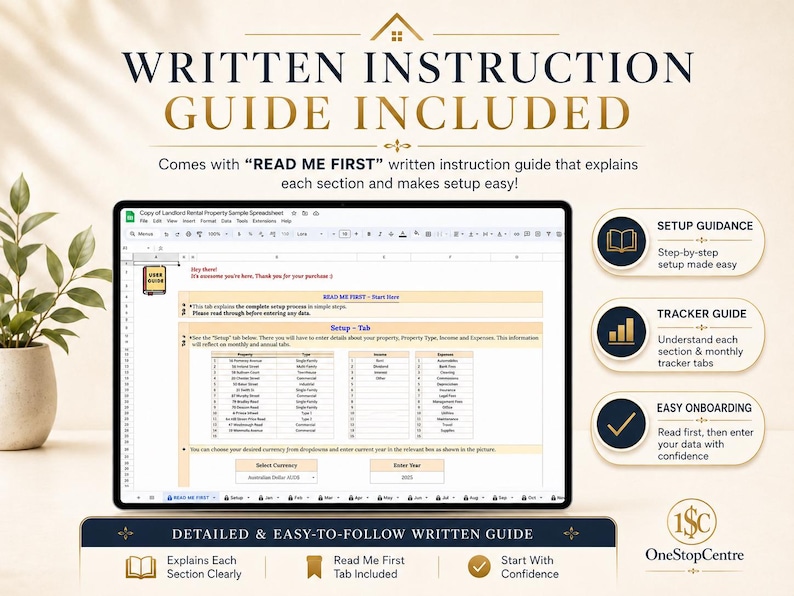 Written instruction guide included with landlord property spreadsheet Google Sheets template and step by step setup help
