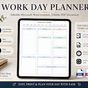 Work Day Planner editable Microsoft Word template and fillable PDF document with printable daily planning layout