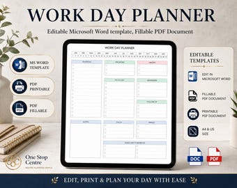 Work Day Planner Editable Template Word PDF | Daily Work Organizer | Printable Daily Planner | Work To Do List | Office Planner A4 US