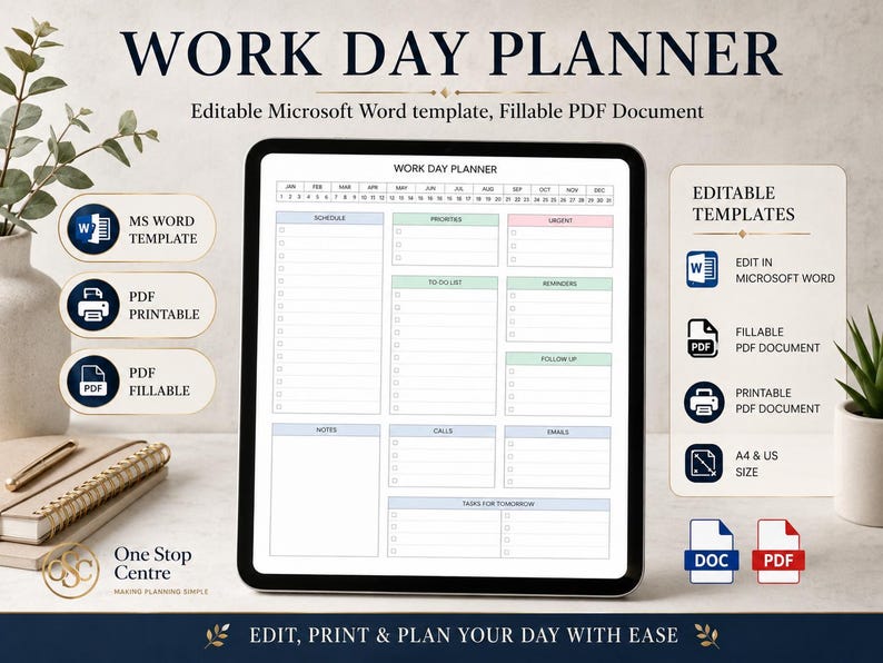 Work Day Planner editable Microsoft Word template and fillable PDF document with printable daily planning layout