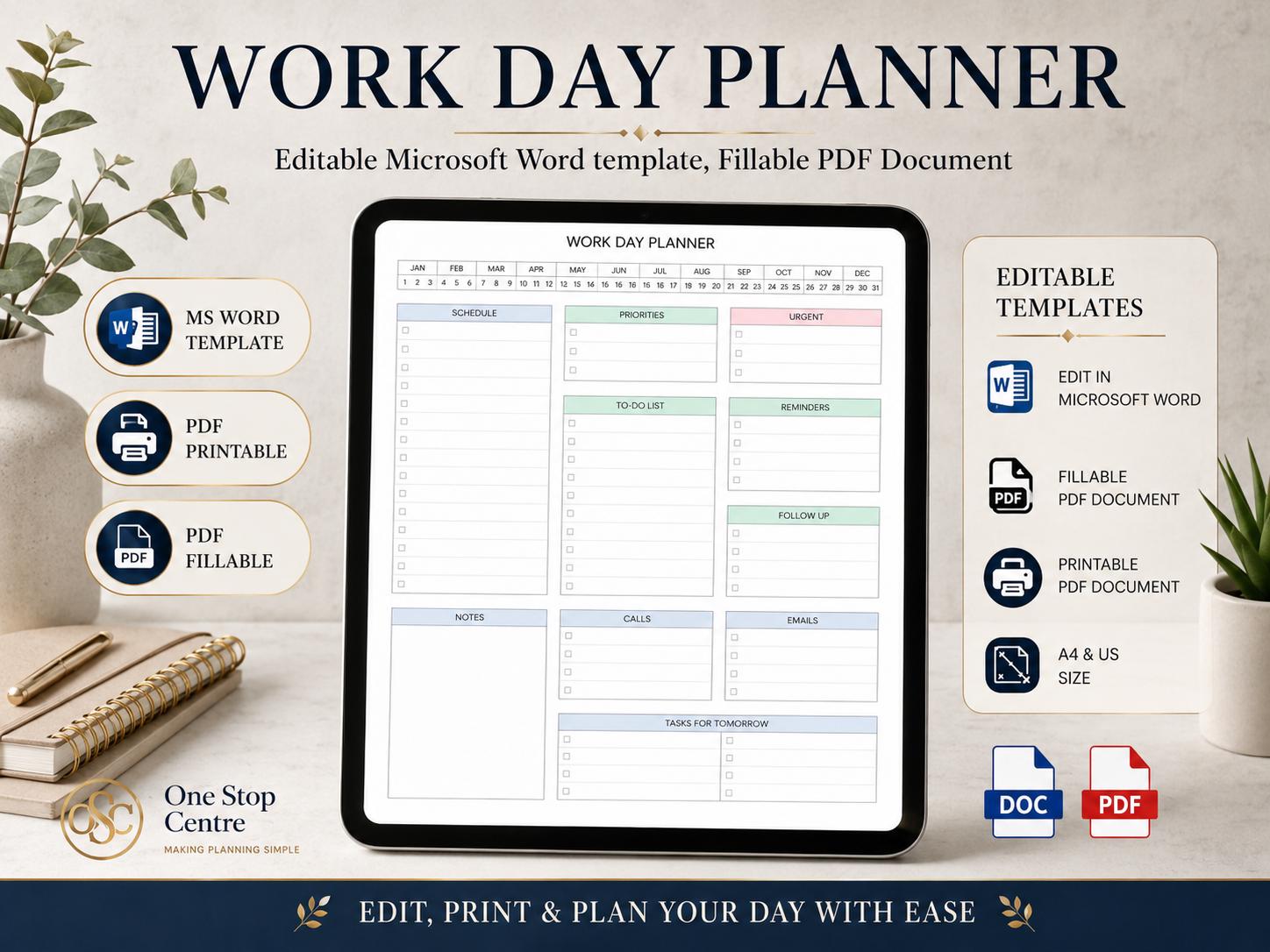Work Day Planner Editable Template Word PDF | Daily Work Organizer ...