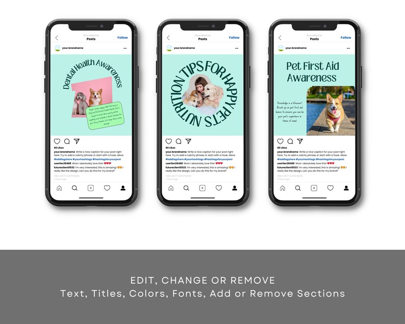 Pets Care and Accessories Instagram Business Marketing Templates, Posts and Stories for Instagram and Facebook – 200 Ready-Made Templates Fully Customizable in Canva's Free Version. using Canva's free version, Instagram post templates