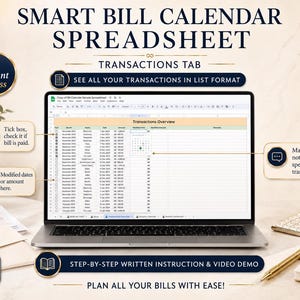 Transactions tab in Smart Bill Calendar Spreadsheet showing all bills in list format with paid checkbox, dates, amounts and notes