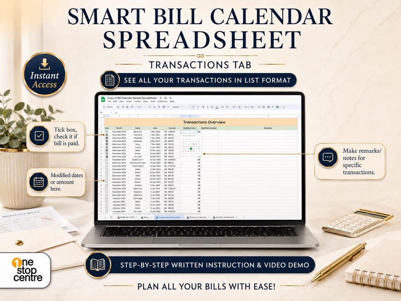 Transactions tab in Smart Bill Calendar Spreadsheet showing all bills in list format with paid checkbox, dates, amounts and notes