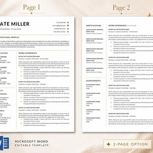 Two-page Kate Miller resume template preview showing page 1 and page 2 layouts for a professional editable Microsoft Word resume.