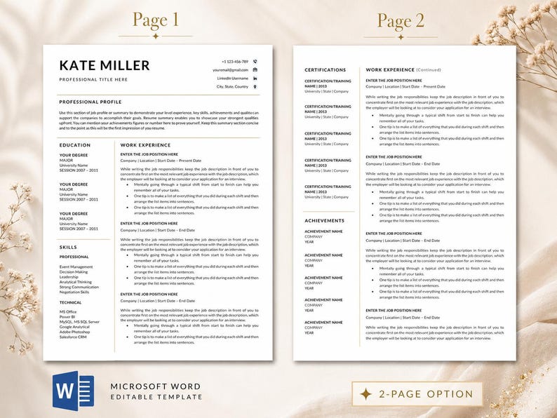 Two-page Kate Miller resume template preview showing page 1 and page 2 layouts for a professional editable Microsoft Word resume.