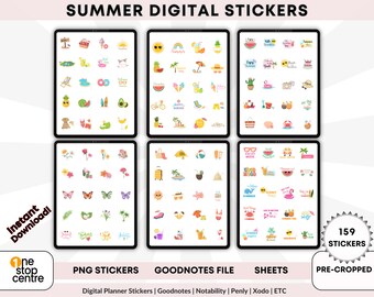 Summer Digital Planner Stickers: 159 Pre-Cropped PNG Stickers (Goodnotes File)
