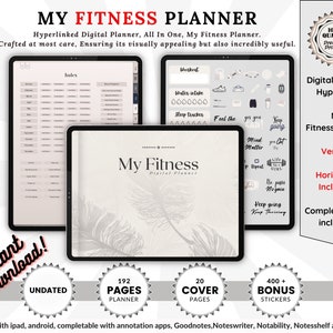 May include: A digital fitness planner with 192 pages, 20 cover pages, and 400+ bonus stickers. The planner is designed for use with iPad and Android devices and is compatible with annotation apps such as Goodnotes, Noteswriter, Notability, Notesshelf, and Xodo. The planner features a white feather design on a grey background.
