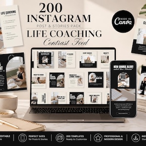 Life Coach Contrast Feed Instagram Templates 200 Canva | Course Alert Module Social Media Posts Stories | Client Success Pack | Facebook