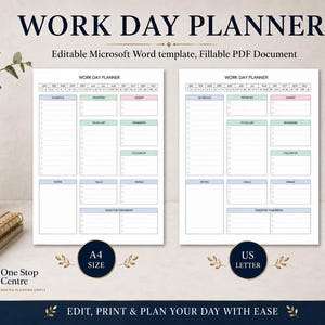 Work Day Planner template available in A4 size and US Letter size for printable daily planning
