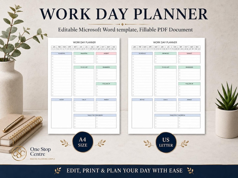 Work Day Planner template available in A4 size and US Letter size for printable daily planning