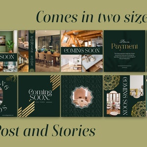 May include: A set of nine social media post templates featuring images of interior design with the text "Coming Soon" in gold and black lettering on a dark green background. The templates are designed for both Instagram posts and stories.