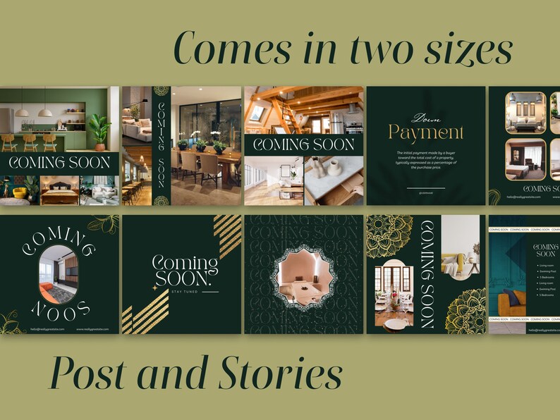May include: A set of nine social media post templates featuring images of interior design with the text "Coming Soon" in gold and black lettering on a dark green background. The templates are designed for both Instagram posts and stories.