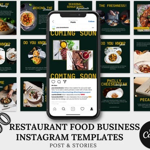 May include: 200 Instagram templates for restaurant food businesses. The templates feature a dark green background with gold accents and images of various food dishes. The text "Coming Soon" is displayed on a phone screen in the center of the image.