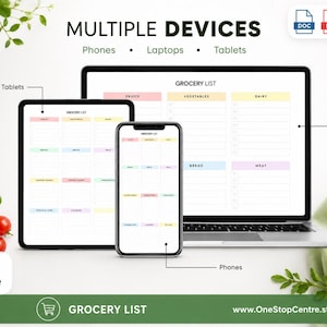 Grocery list template shown on phone, tablet and laptop for digital planning across multiple devices
