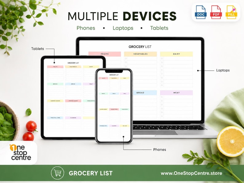 Grocery list template shown on phone, tablet and laptop for digital planning across multiple devices