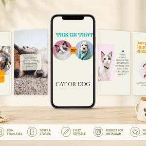 Pet care Instagram story templates preview on a phone mockup with editable cat and dog social media story designs.