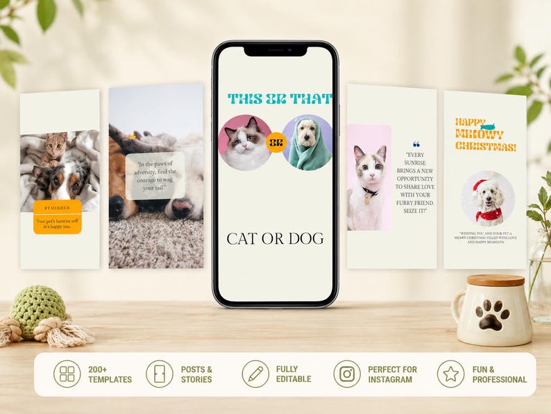 Pet care Instagram story templates preview on a phone mockup with editable cat and dog social media story designs.