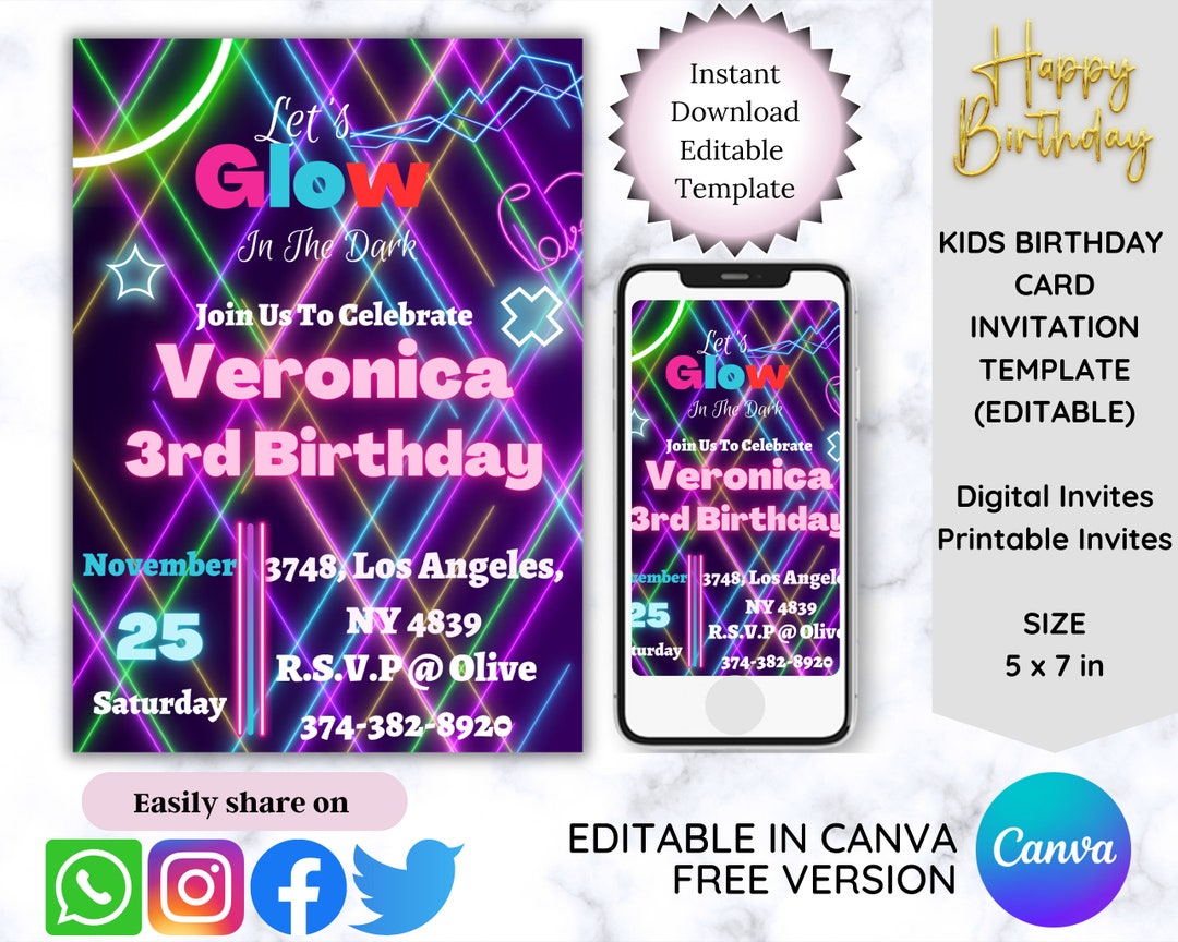 Editable Birthday Invitations Template, Neon Lights Glowing Theme, Girl ...