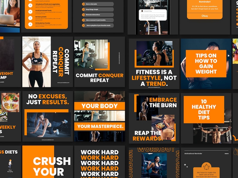 Social Media Fitness Bundle Templates, Instagram Posts And Stories, Gym Workout, Motivation Quotes