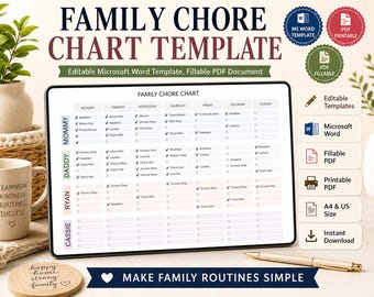 Family Chore Chart Editable Template Printable Word PDF | Weekly Chore Chart Kids | Household Routine Planner | Chore Schedule A4 US