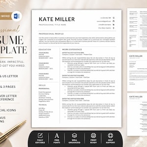 Professional Kate Miller resume template for Microsoft Word with editable resume pages, cover letter, reference page, A4 and US letter sizes, social icons and editing guide.
