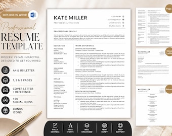 Minimalist Resume Template Word | Professional Modern CV Template | 1 2 3 Page Resume Cover Letter References | US Letter A4 Editable