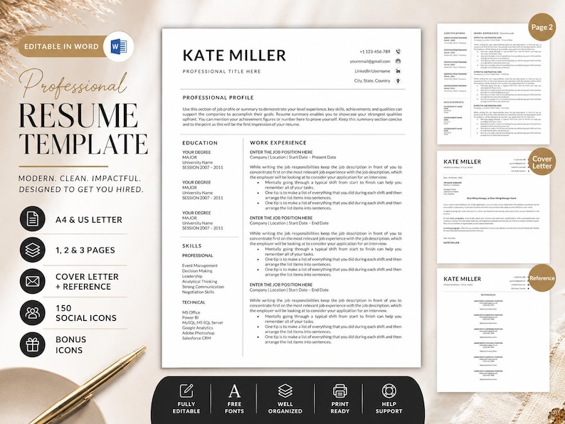 Professional Kate Miller resume template for Microsoft Word with editable resume pages, cover letter, reference page, A4 and US letter sizes, social icons and editing guide.