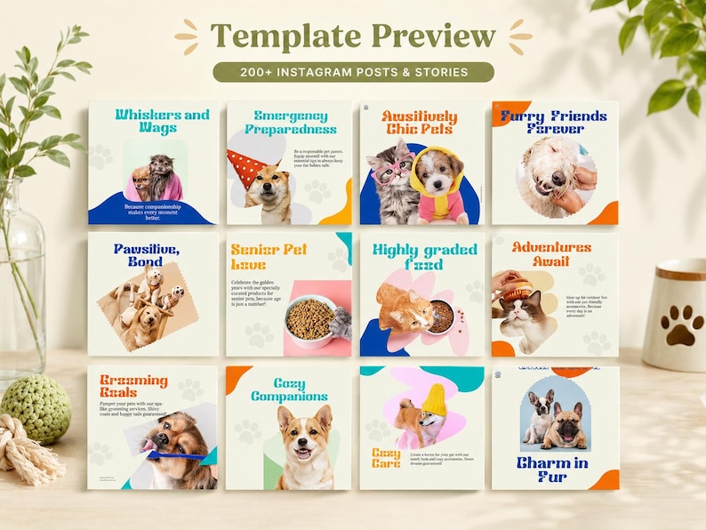 Preview of pet care Instagram Canva templates with playful pet posts, dog and cat designs, grooming content and pet accessory promotions.