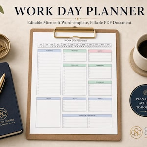 Printable Work Day Planner page displayed on clipboard mockup showing daily planner layout for work and productivity