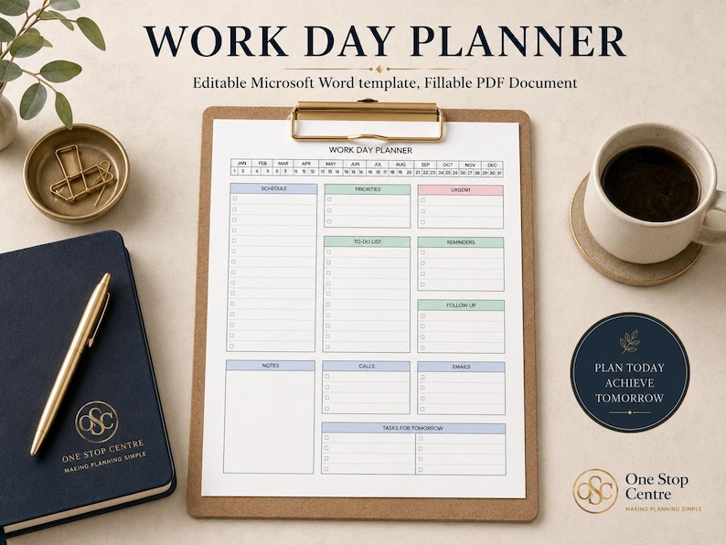 Printable Work Day Planner page displayed on clipboard mockup showing daily planner layout for work and productivity