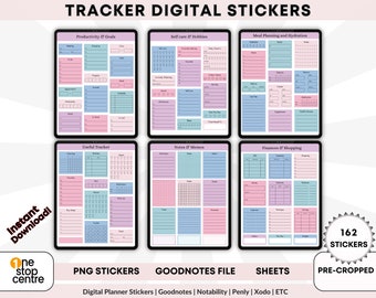 Tracker Digital Planner Stickers: Goodnotes, PNG (162 Stickers) (PDF)