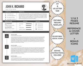 Resume Template with Photo Word, Minimalist CV Template, Professional Editable Resume, Cover Letter, Reference Page, 1 2 3 Page