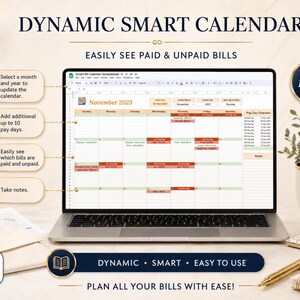Dynamic smart bill calendar in Google Sheets showing paid and unpaid bills, pay day overview, notes and monthly bill schedule
