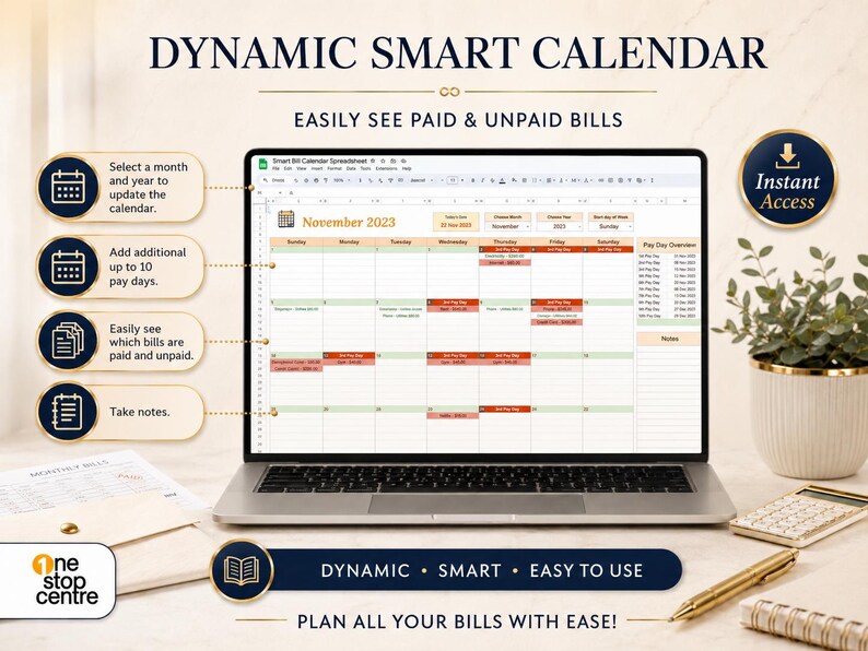 Dynamic smart bill calendar in Google Sheets showing paid and unpaid bills, pay day overview, notes and monthly bill schedule