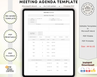Modèles d’ordre du jour de notes de réunion de travail modifiables, notes de discussion de réunion imprimables, modèle d’actions de réunion minimaliste pour Word, PDF remplissable