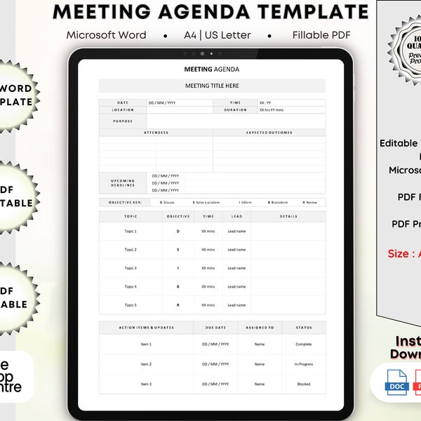 Editable Work Meeting Notes Agenda Templates, Printable Meeting Discussion Notes, Minimalist Meeting Actions Template For Word, PDF Fillable