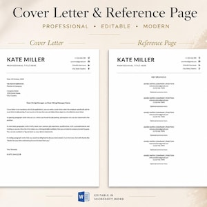 Kate Miller cover letter and reference page template included with the professional resume set, editable in Microsoft Word.