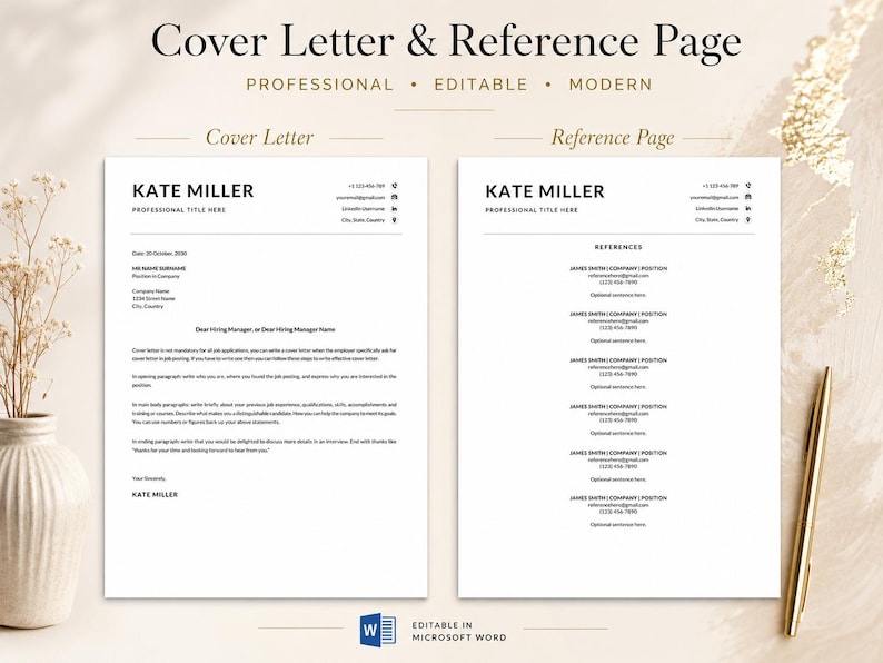 Kate Miller cover letter and reference page template included with the professional resume set, editable in Microsoft Word.