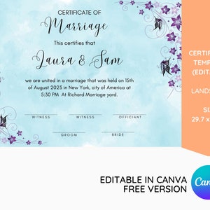 Bearbeitbare Heiratsurkunde Vorlage, Personalisieren Sie Hochzeitserinnerungen, personalisiertes Geschenk für Braut und Bräutigam, Jungvermählten Urkunde, Andenken