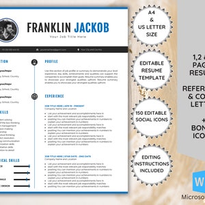 Minimalist Resume Template with Photo, Professional Resume Template Word, Modern CV Template, Resume Cover Letter Template, Job Application