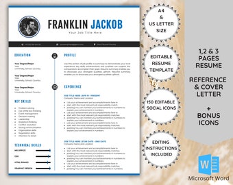 Minimalist Resume Template with Photo, Professional Resume Template Word, Modern CV Template, Resume Cover Letter Template, Job Application