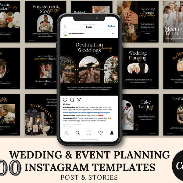 Entreprise de planification de gestion d’événements de mariage Instagram sur les réseaux sociaux, modèle de marketing Facebook, publications et histoires Instagram Canva personnalisables